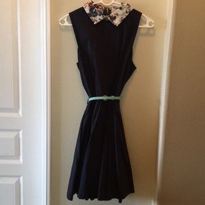 Floral collared navy blue ModCloth dress